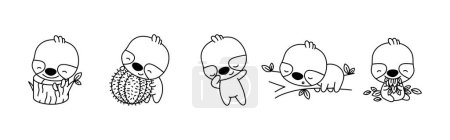 Set von Cartoon Isolated Faultier Malseite. Cute Vector Kawaii Animals Outline. Kollektion von niedlichen Vector Baby Sloth Outline für Aufkleber, Baby-Dusche, Malbuch, Drucke für Kleidung. 
