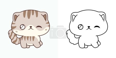 Illustration for Kawaii Scottish Fold Cat Multicolored and Black and White. Beautiful Isolated Baby Kitty. Cute Vector Illustration of a Kawaii Baby Animal for Prints for Clothes, Stickers, Baby Shower. - Royalty Free Image