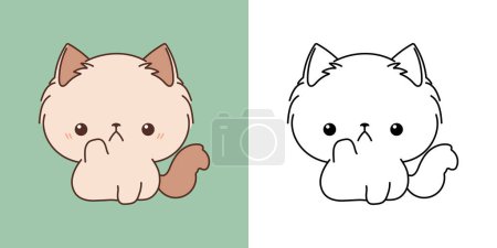 Illustration for Cute Ragamuffin Cat Clipart Illustration and Black and White. Kawaii Clip Art Kitten. Cute Vector Illustration of a Kawaii Pet for Stickers, Prints for Clothes, Baby Shower. - Royalty Free Image