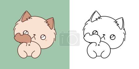 Illustration for Kawaii Ragamuffin Kitty Multicolored and Black and White. Beautiful Isolated Baby Cat. Funny Vector Illustration of a Kawaii Baby Pet for Prints for Clothes, Stickers, Baby Shower. - Royalty Free Image