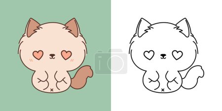 Illustration for Set Clipart Rabbit Coloring Page and Colored Illustration. Kawaii Isolated Kitten. Cute Vector Illustration of a Kawaii Animal for Stickers, Prints for Clothes, Baby Shower. - Royalty Free Image
