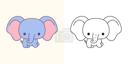Set Vector Baby Elephant Bunt und Schwarz-Weiß. Kawaii Clip Art Babytier. Niedliche Vektorillustration eines Kawaii afrikanischen Tieres für Aufkleber, Babydusche, Malvorlagen. 