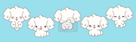 Téléchargez les illustrations : Ensemble de Kawaii isolé Bichon Frise Dog. Collection d'illustrations vectorielles de chien de bande dessinée pour autocollants, douche de bébé, pages à colorier, imprimés pour vêtements. - en licence libre de droit
