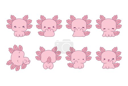 Téléchargez les illustrations : Ensemble d'Axolotl isolé Kawaii. Collection d'illustrations animalières de dessins animés vectoriels pour autocollants, douche de bébé, pages à colorier, imprimés pour vêtements. - en licence libre de droit