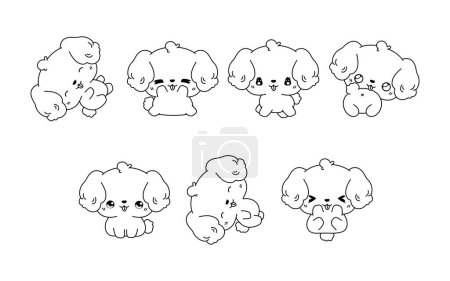 Téléchargez les illustrations : Collection de dessins animés vectoriels Bichon Frise Dog Coloring Page. Ensemble de contour de chiot isolé Kawaii pour autocollants, douche de bébé, livre à colorier, imprimés pour vêtements. - en licence libre de droit