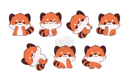 Kollektion von Vector Cartoon Baby Red Panda Art. Kawaii Isolierte Animal Illustrationen für Drucke für Kleidung, Aufkleber, Babydusche, Malvorlagen. 