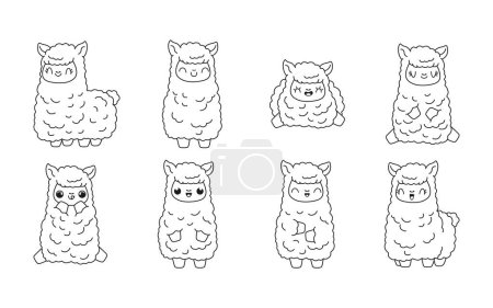 Set von Kawaii Isolated Llama Malseite. Kollektion Cute Vector Cartoon Baby Lama Outline für Aufkleber, Babydusche, Malbuch, Drucke für Kleidung. 