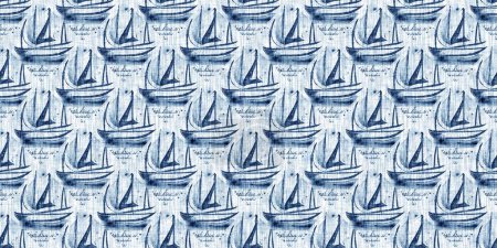 Photo for Washed out geometric dip dyed blur effect edging. Nautical and marine ocean blue masculine endless tape background with linen texture trim.Indigo dye wash coastal damask seamless border pattern. - Royalty Free Image