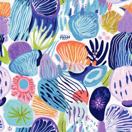 Foto de Patrón costero de concha marina moderna tropical estampado de arrecife de coral de tela de choque para diseños textiles de playa de verano con un efecto de algodón de lino. Almeja de cáscara submarina de moda sin costuras repetir fondo - Imagen libre de derechos