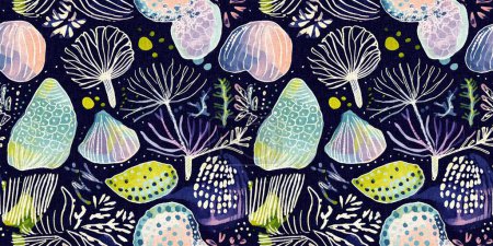 Tropical modern seashell coastal pattern clash fabric coral reef border print for summer beach textile banner edge with a linen cotton effect. Seamless trendy underwater shell clam repeat background