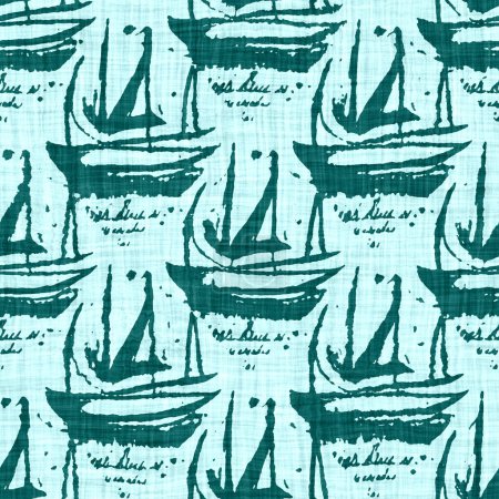  Seamless coastal blur linen effect geometric mosaic effect. Patchwork nautical masculine summer ribbon trim. Teal blue white vibrant watercolor batik azulejos tile border banner background.