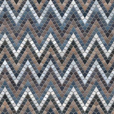 Photo for Cobblestone floor mosaic with ceramic square tiles arranged on zigzag lines. Pebbles in orange, grey, white, and brown. Chevron design. Seamless repeating pattern. Usable as background or texture. - Royalty Free Image
