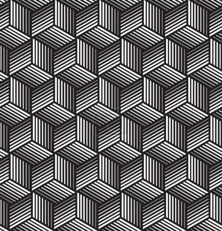 Photo for Seamless abstract geometric pattern with white striped cubes on black background. Optical art. Vector image for textile, wrapping, print, web, and all decorative projects. - Royalty Free Image