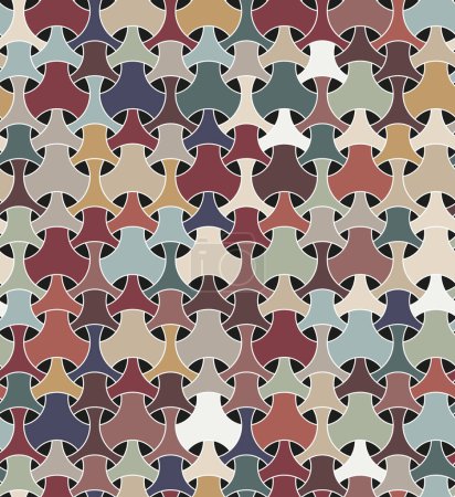 Illustration for Seamless geometric pattern with traditional japanese multicolored ornaments. Three pronged blocks tessellation. Repeated interlaced figures. Bishamon armor motif. Vector illustration. - Royalty Free Image