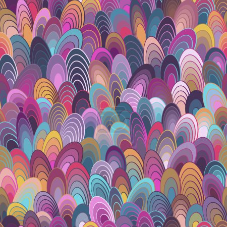 Photo for Seamless wavy geometric pattern. Concentric colorful ovals in light blue, pink, yellow, and purple. Retro style. Decorative vector illustration for textile, packaging, and artistic projects. - Royalty Free Image