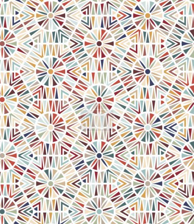 Photo for Small red, blue, yellow, and green triangles on a white background form an abstract geometric pattern with multicolored hexagons and circles in an ethnic style. Seamless vector pattern. - Royalty Free Image