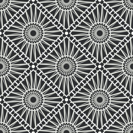 Photo for Seamless abstract geometric pattern. Ethnic motif with outlined circles, stars, and squares in white on black background. Traditional ornament in an embroidery style. Decorative vector illustration. - Royalty Free Image