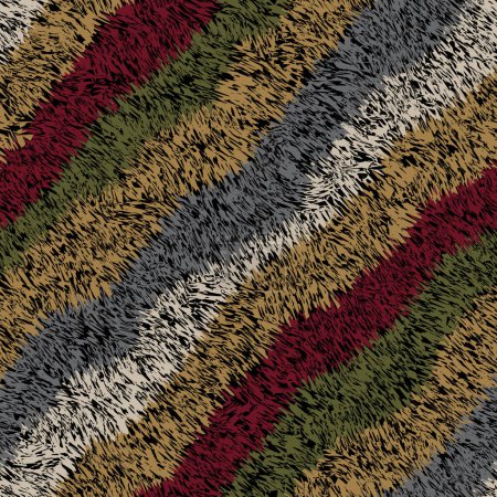 Téléchargez les illustrations : Seamless abstract fur pattern. Multicolored diagonal stripes in green, red, and yellow on black background. Rug modern design. Striped hairy texture. Vector image for textile, wrapping, print, and web. - en licence libre de droit