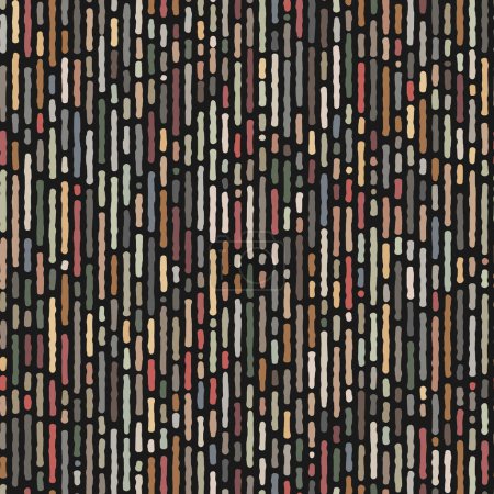 Ilustración de Multicolored vertical strokes in green, brown, yellow, and red on a black background. Paint style irregular edges. Seamless abstract geometric striped pattern. Decorative vector image. - Imagen libre de derechos