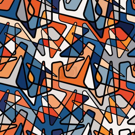 Photo for Abstract geometric mesh. A tangle of black lines with multicolored elements in white, orange, and blue. Modern art style. Seamless vector pattern. - Royalty Free Image