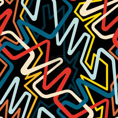 Téléchargez les illustrations : Seamless abstract multicolored pattern. Tangled lines in a modern graffiti style. Interlaced yellow, blue, red, and white lines on a black background. Graphic textile texture. Vector image. - en licence libre de droit