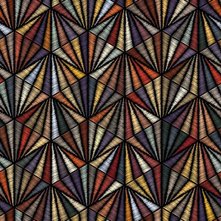 Photo for Seamless abstract geometric pattern with multicolored embroidered triangles on black background. Decorative vector embroidery design for textile, wrapping, and graphic projects. - Royalty Free Image