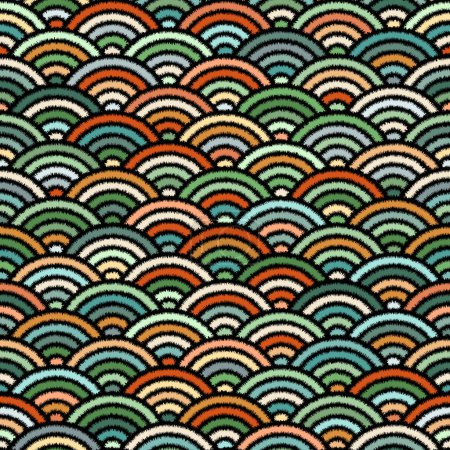 Photo for Abstract geometric seamless pattern with green, orange, and turquoise circles on a black background. Traditional Japanese wave design. Multicolored fish scales. Decorative vector illustration. - Royalty Free Image