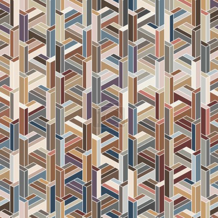Geometric abstract motif with multicolor interlaced rectangular elements. Wood-like surface design. Seamless repeating pattern. Decorative image for textile, wrapping paper, continuous print, and web.