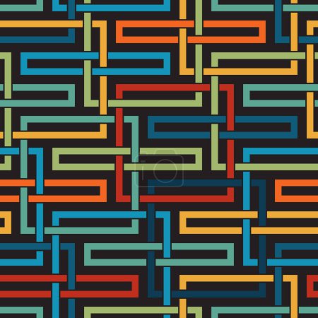 Photo for Multicolored geometric composition with interlaced squares and rectangles. Blue, red, and yellow lines on a black background. Modern style. Seamless vector pattern. Graphic texture. - Royalty Free Image