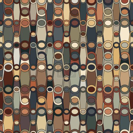Photo for Decorative geometric lattice with multicolored circles and wavy lines in green, grey, blue, and brown outlined in black. Seamless repeating pattern. Retro style background. Vector image. - Royalty Free Image