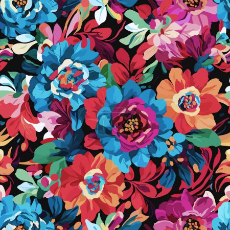 Photo for Floral seamless pattern with multicolored roses, peonies, and leaves on a black background. Graphic textile texture. Bright colorful design. Vector image for fabric, wrapping, and print. - Royalty Free Image