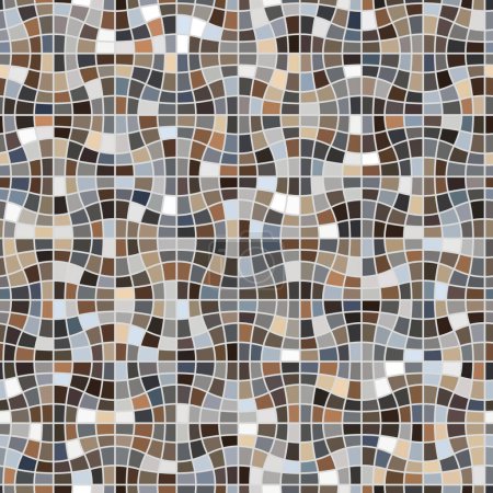 Illustration for Checkered surface of multicolored little squares on a white background. Wavy mosaic with brown and grey tiles. Seamless geometric pattern. Vector image. - Royalty Free Image