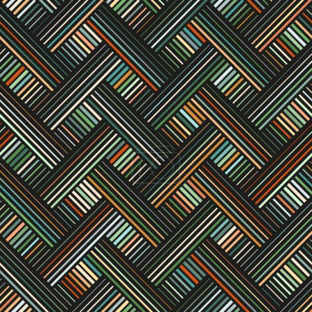 Photo for Seamless chevron pattern. Zig zag multicolored thin lines in green, orange, black, and white. Abstract geometric background. Triangle shape waves. Striped graphic texture. Decorative illustration. - Royalty Free Image