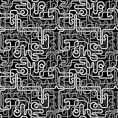 Illustration for A tangle of different thickness lines on a black background. Doodle of intersecting white pipes. Seamless repeating pattern. Vector illustration for textile, wrapping, packaging, print, and web. - Royalty Free Image