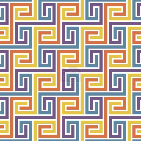 Illustration for Seamless maze pattern. Regular labyrinth made of interlocking blue, orange, yellow, and purple lines on a white background. Geometric striped retro design. Decorative vector illustration. - Royalty Free Image