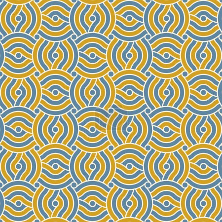 Photo for Seamless geometric pattern with striped concentric circles in blue and yellow on a white background. Retro style design. Decorative vector image for fabric, textile, wallpaper, wrapping, and print. - Royalty Free Image