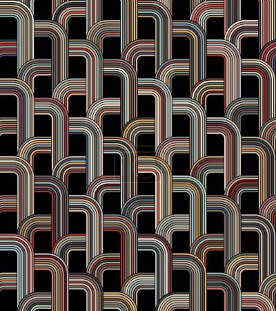 Photo for Seamless geometric pattern with intertwined striped multicolored lines on a black background. Modern trendy texture. Vintage colors. Vector illustration for fabric, textile, and print. - Royalty Free Image