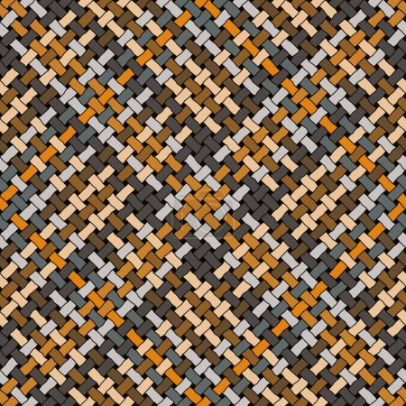 Illustration for Seamless repeating pattern. Abstract woven fabric with multicolored crossed diagonal lines on a black background. Geometric weft texture with a tartan design. Decorative vector illustration. - Royalty Free Image