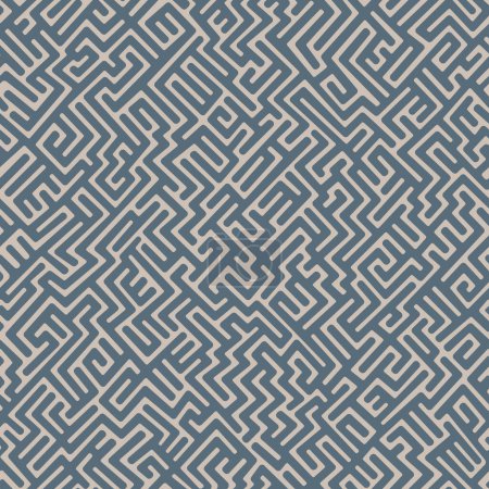 Illustration for Seamless repeating pattern. Ethnic style irregular blue maze on a beige background. Surface pattern design. Abstract geometric shapes texture. - Royalty Free Image