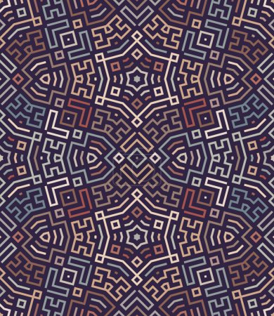 Photo for Intricate geometric labyrinth design with irregular multicolored lines on a black background. Mosaic floor style. Seamless repeating pattern. - Royalty Free Image