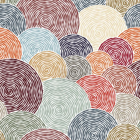Ilustración de Composición de círculos multicolores con espirales de ilusión óptica. Fondo geométrico abstracto. Diseño de estilo moderno. Patrón de repetición sin fisuras. - Imagen libre de derechos