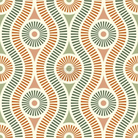Photo for Simple geometric ethnic design with circles and wavy striped lines. Abstract background in vintage style. Seamless repeating pattern. - Royalty Free Image