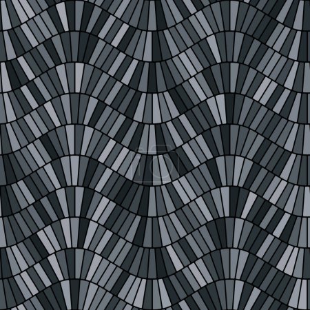 Seamless geometric pattern. Gray cobblestone flooring with small rectangular tiles arranged in horizontal wavy lines on a black background. Traditional porphyry design floor. Mosaic style.
