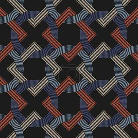 Illustration for Seamless repeating pattern with red, blue, and beige interlocking squares and circles on a black background. Abstract geometric design in retro style. Vector illustration. - Royalty Free Image