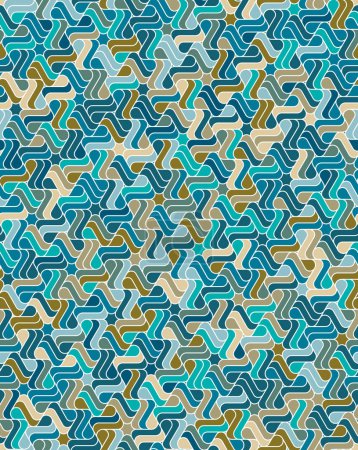 Illustration for Seamless repeating pattern with interlocking multicolored striped hexagons. Abstract geometric background. Retro mosaic style. Vector illustration for fabric, textile, wrapping, and print. - Royalty Free Image