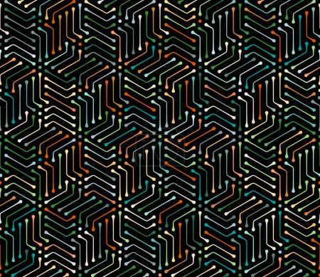 Photo for Hexagon-based geometric pattern with spiral multicolored thin lines on a black background. Seamless repeating pattern. Modern striped style. - Royalty Free Image