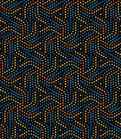 Photo for Seamless abstract geometric pattern with dotted spiral lines. Ethnic tribal style with green, yellow, and blue small dots on a black background. Decorative vector illustration. - Royalty Free Image