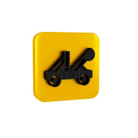 Photo for Black Old medieval wooden catapult shooting stones icon isolated on transparent background. Yellow square button.. - Royalty Free Image