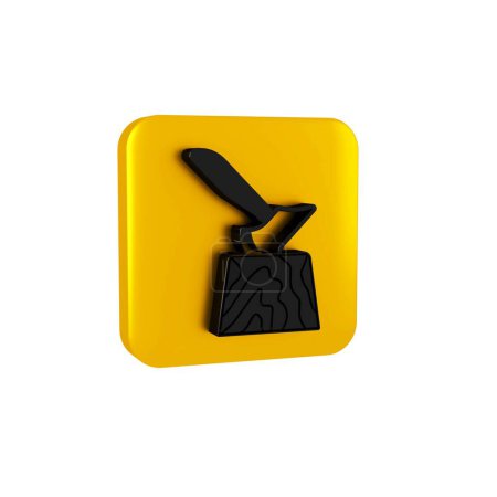 Photo for Black Wooden axe in stump icon isolated on transparent background. Lumberjack axe. Axe stuck in wood. Chopping wood. Yellow square button. - Royalty Free Image