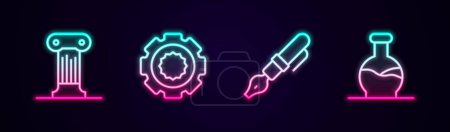 Illustration for Set line Law pillar, Gear, Fountain pen nib and Test tube. Glowing neon icon. Vector - Royalty Free Image